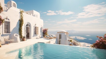 Traditional mediterranean shabby chic white house with pool on hill with stunning sea view. Summer vacation background.