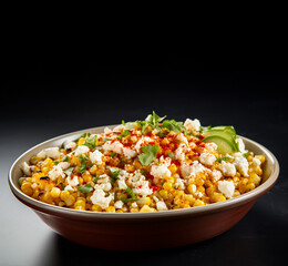 Wall Mural - Mexican street corn salad on dark background. Mexican grilled corn topped with mayonnaise, hot sauce, lime, Cotija cheese. Generative Ai content