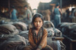 © Lubo Ivanko - Small Asian girl portrait with blurred textile factory background, Illegal child labour in sweatshop manufacturing concept, documentary style. Generative AI