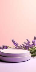 Natural Lavender Round Podium Pedestal Beauty Product Presentation Scene Stage. Empty Mock up on white pink coral gold pastel background, minimalist backdrop luxury template. Generative AI.