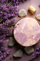 Natural Lavender Round Podium Pedestal Beauty Product Presentation Scene Stage. Empty Mock up on white pink coral gold pastel background, minimalist backdrop luxury template. Generative AI.