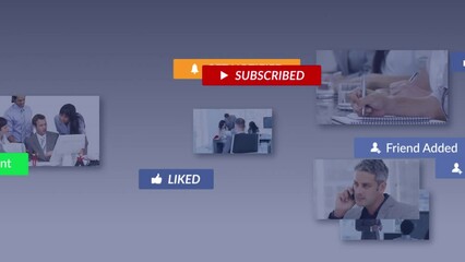 Poster - Animation of social media icons and screens with business data processing against grey background