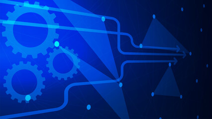 Wall Mural - Business process management system concept with gears, arrow and plexus on dark blue background.