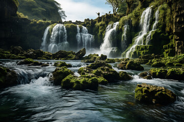Poster - A stunning time-lapse video showcasing the power and majesty of a cascading waterfall.  Generative AI.