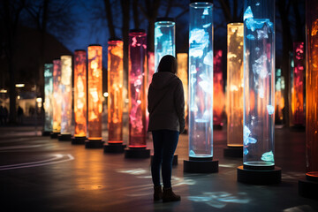 Poster - A mixed media installation that combines a physical light pole with abstract projections and interactive elements. Generative AI.