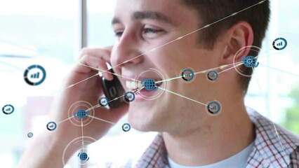 Poster - Animation of network of digital icons against close up of a caucasian man talking on smartphone