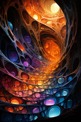 Poster - An abstract painting showcasing a cocoon-inspired design composed of vibrant geometric shapes. Generative AI.