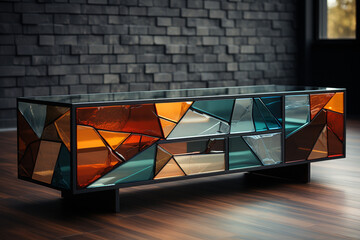 Poster - An abstract console design with a mix of geometric materials, such as a combination of metal, glass, and wood. Generative AI.