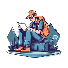 Sticker - One person hiking outdoors with backpack and book