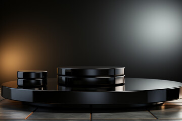 Poster - Abstract black cube empty podium pedestal studio stage on modern product stand scene. Generative AI.