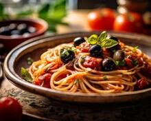 Spaghetti Alla Puttanesca With Tomatoes, Capers, Olives, And Anchovies On A Plate