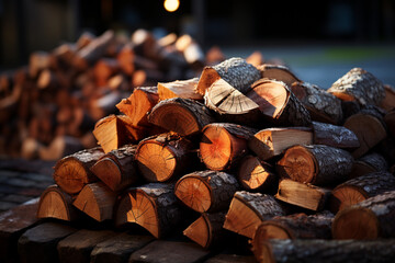 Poster - A close-up photograph of a neatly stacked pile of firewood logs.  Generative AI.