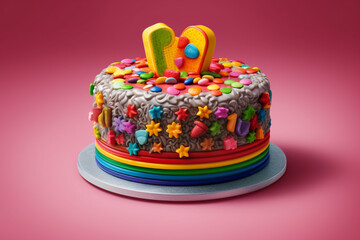 Poster - A rainbow-colored LGBTQ+ pride cake decorated with colorful icing and symbols, representing celebration and joy.  Generative AI technology.