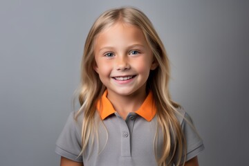 Lifestyle portrait photography of a grinning child female wearing a sporty polo shirt against a minimalist or empty room background