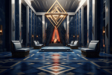 Poster - A geometric-inspired throne room with angular architecture and symmetrical designs, creating a visually striking and regal environment.  Generative AI technology.