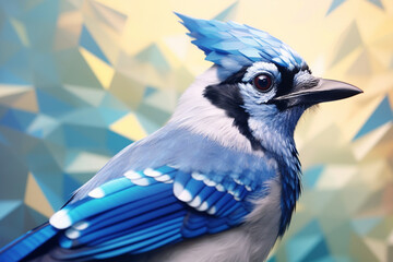 Leinwandbilder - A pastel-colored geometric-themed Blue Jay illustration with angular shapes and delicate pastel shades, capturing the wisdom and grace of this majestic bird.  Generative AI technology.