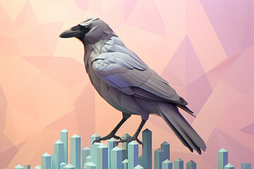 Poster - A pastel-colored geometric-themed Crow illustration with angular shapes and delicate pastel shades, capturing the wisdom and grace of this majestic bird. Generative AI technology.