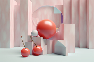 Poster - A pastel-colored geometric-style Cherry artwork with intricate geometric shapes and soft pastel hues, showcasing the beauty of nature in a modern design. Generative AI technology.