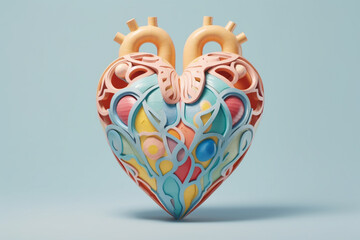 Poster - A pastel-colored geometric-themed heart sculpture with symmetrical patterns and soothing pastel hues, symbolizing love and vitality.  Generative AI technology.