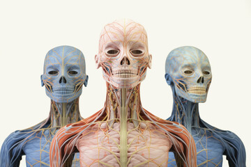 Poster - Anatomical models of the human nervous system are showcased in a geometric-inspired design, with interconnected geometric lines and soothing pastel hues, Generative AI technology.