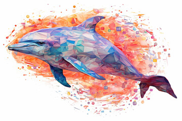 Aufkleber - A popular image presents a watercolor geometric style illustration of a playful dolphin, where the dolphin's body is formed by a combination of flowing watercolor strokes, Generative AI technology.