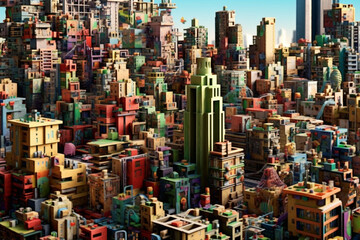 Aufkleber - A popular image presents a surreal cityscape with buildings and structures made entirely of interlocking geometric shapes, defying the laws of physics and creating. Generative AI technology.