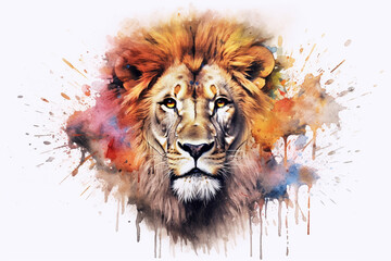 Poster - A trending image showcases a watercolor geometric style representation of a majestic lion, featuring soft brushstrokes  Generative AI technology.
