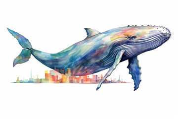 Aufkleber - An image portrays a watercolor geometric style representation of a majestic whale, where its streamlined body is formed by a series of geometric shapes, Generative AI technology.