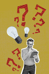 Aufkleber - Vertical collage image of black white gamma minded guy use tablet big light bulb text question mark isolated on khaki background