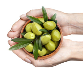 Wall Mural - Wooden bowl with delicious green olives in hands, cut out