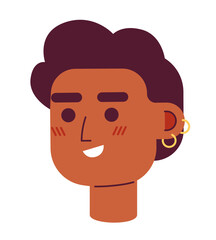 Poster - curly haired man with earrings semi flat vector character head. editable cartoon avatar icon. succes