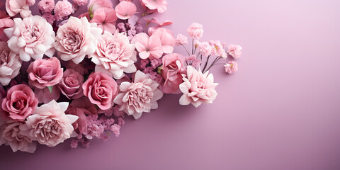 Pink Flowers Border Background on Pink Background, sustainable eco natural compositions, serene mood, copy space, mock up, flat lay,  playful still lifes, pastel academia, light pink.