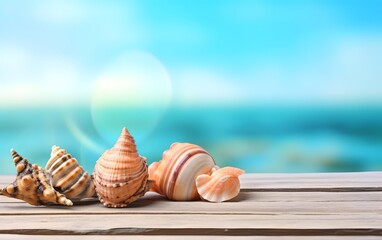 Summer background with seashells on wooden background