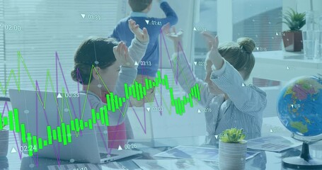 Poster - Animation of financial data processing over diverse schoolgirls using laptop