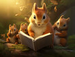 A cute squirrel reads fairy tales to its cubs