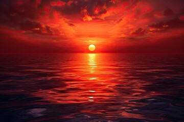 Wall Mural - red sunset over the ocean. majestic sun sinks below the waterline, casting big orange glow on the ra