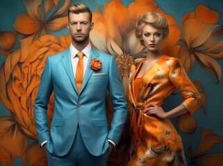 Poster - Just married young woman and man in a modern, flower printed suit and dress