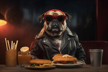 Wall Mural - Realistic picture collage generated by ai of funk brutal rocker with pug dog face have dinner in night fast food restaurant