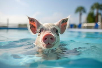 Poster - Realistic collage generated by ai image of pet pig cute little animal swimming in spa resort pool relax