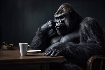 Wall Mural - Creative image picture collage of lonely anthropomorphic gorilla sitting in dark interior cafe have tea coffee cup