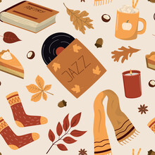 Cozy Autumn Style Seamless Pattern. Warm Drink, Pie With Cream, Music Record, Poetry Book, Knitted Socks, Wool Scarf, Candle. Autumn Wallpaper On Beige Background