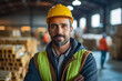 © MVProductions - Candid shot of confident Hispanic male factory worker with arms crossed, industrial construction industry and manufacturing. Generative AI