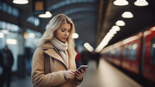 A Young Woman Standing On The Platform Of A Train Station Consulting The Mobile Phone