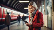A Young Woman Standing On The Platform Of A Train Station Consulting The Mobile Phone