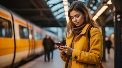 A Young woman standing on the platform of a train station consulting the mobile phone