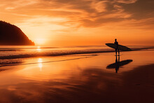 Photo Surfer Watching The Sea Holding Surfboard In Silhouette Style. Sunset And Sunrise Of The Sea Beach Photography