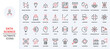 Data report and science model research, deep analysis with AI trendy red black thin line icons set vector illustration. Machine learning, probability calculation, algorithms and system prediction.