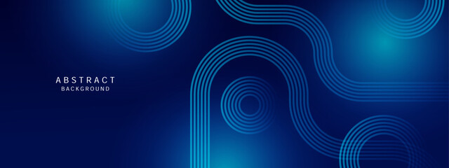Dark blue abstract background with glowing geometric lines. Modern shiny blue diagonal rounded lines pattern. Futuristic technology concept. Suit for cover, poster, presentation, banner, website