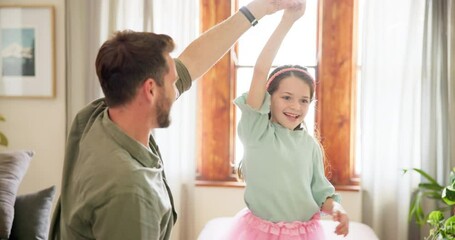 Poster - Dance, ballet and father with daughter in living room for celebration, happy or energy. Music, princess and trust with man and young girl dancing in family home for support, learning or holding hands