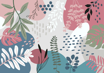 Wall Mural - Design banner frame background .Colorful poster background vector illustration.Exotic plants, branches,art print for beauty, fashion and natural products,wellness, wedding and event.